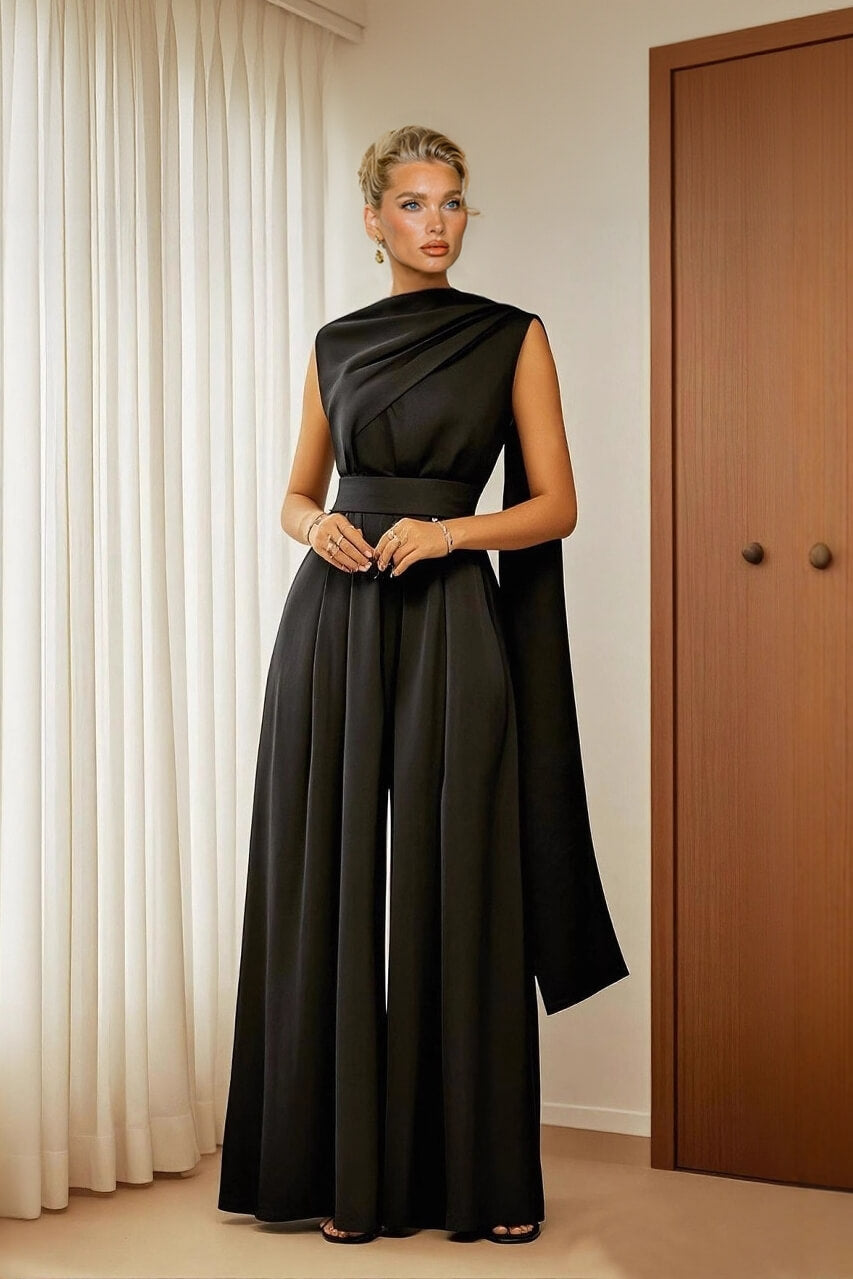 Exquisite Black Draped Pleated Loose Wide-Leg Jumpsuit Black