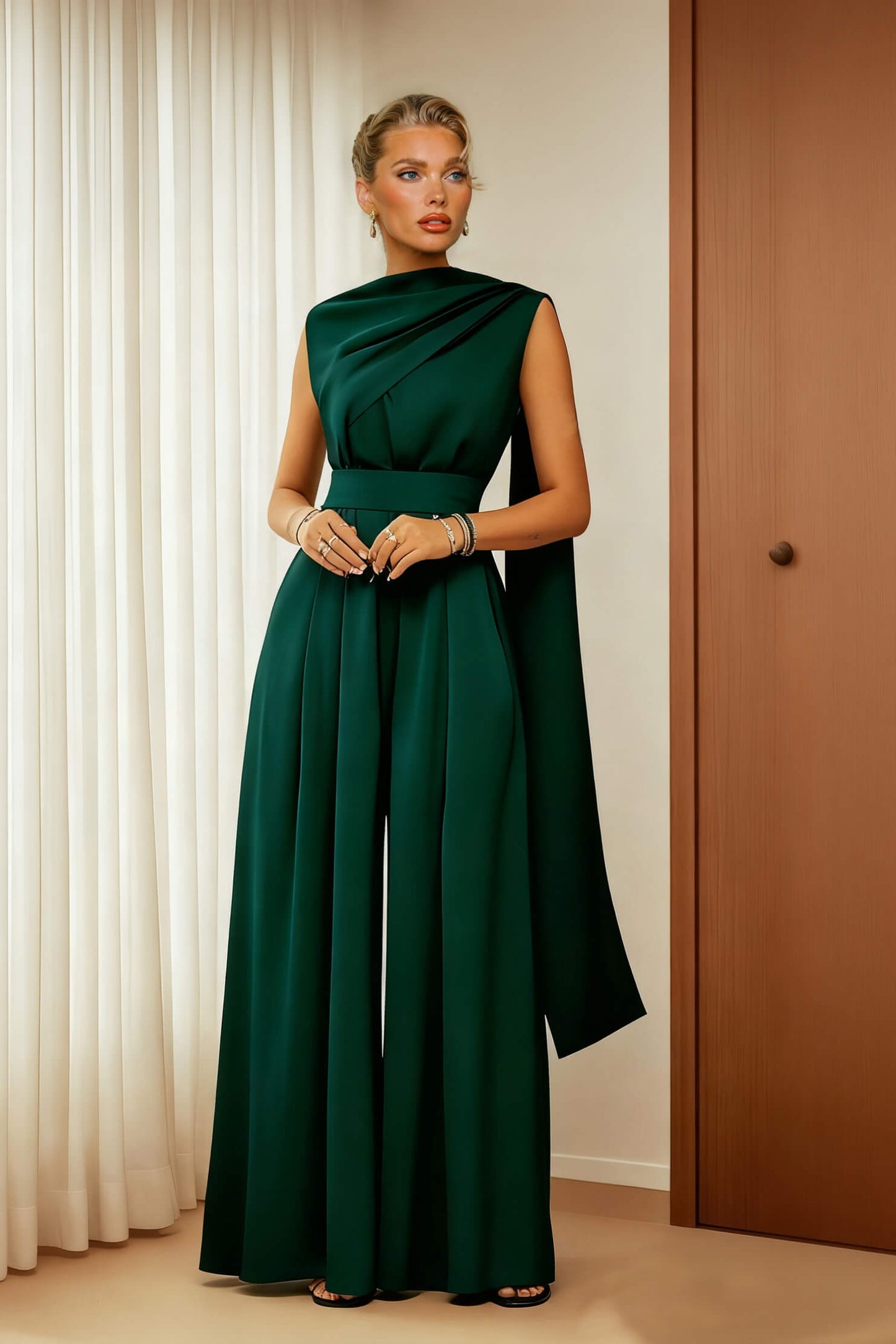 Exquisite Green Draped Pleated Loose Wide-Leg Jumpsuit Green