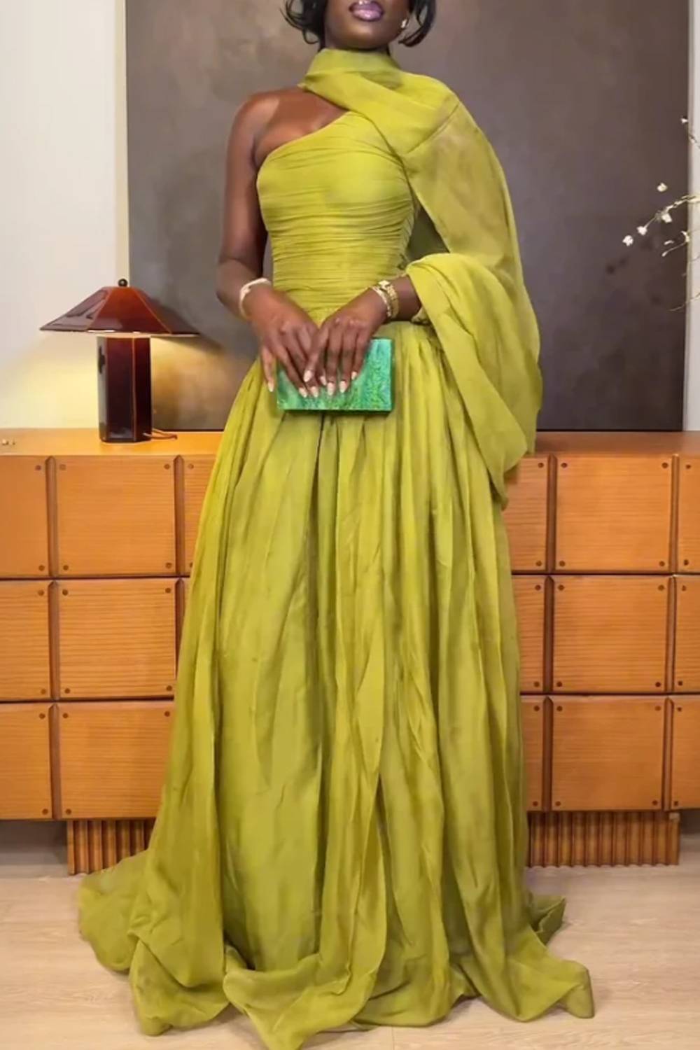 One-Shoulder Draping Dress Green