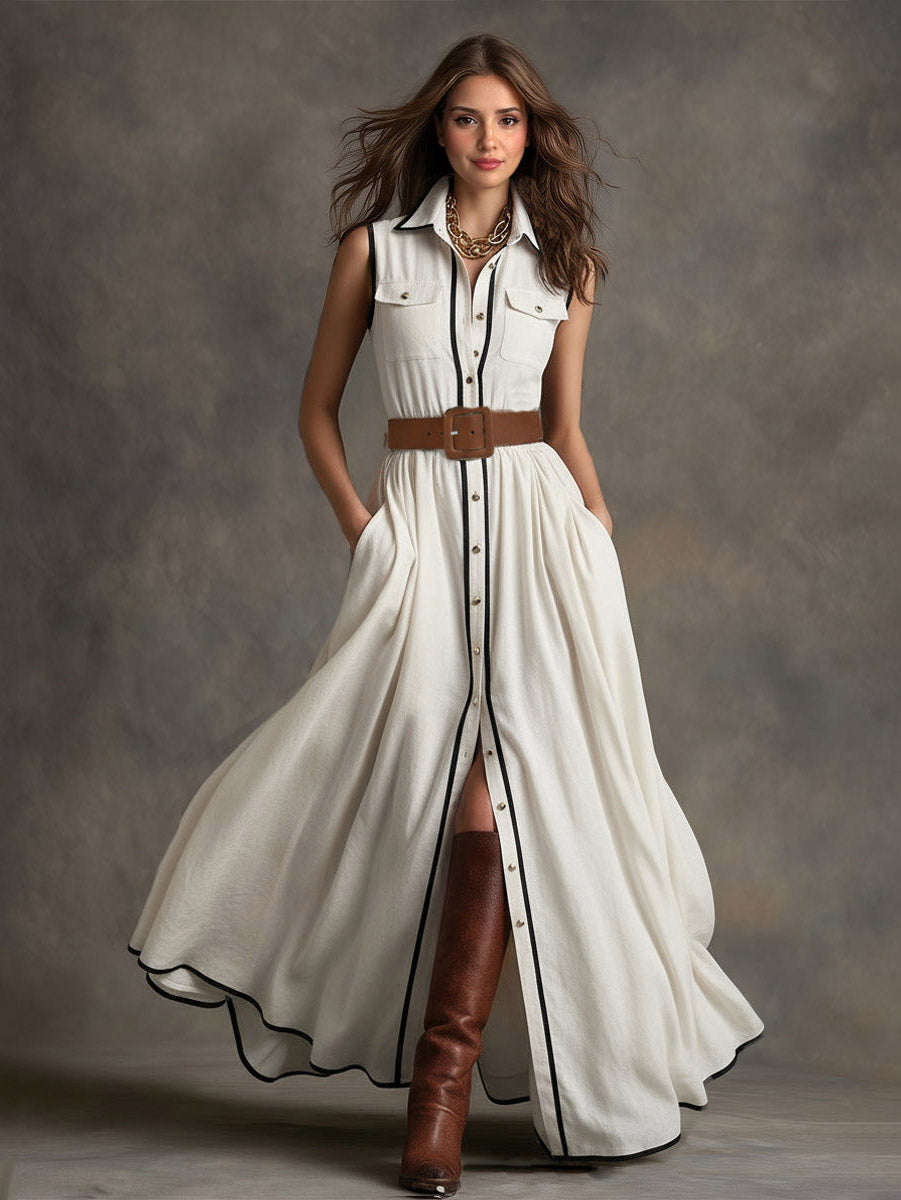 Elegant Piped Collar Shirt-style Maxi Dress White