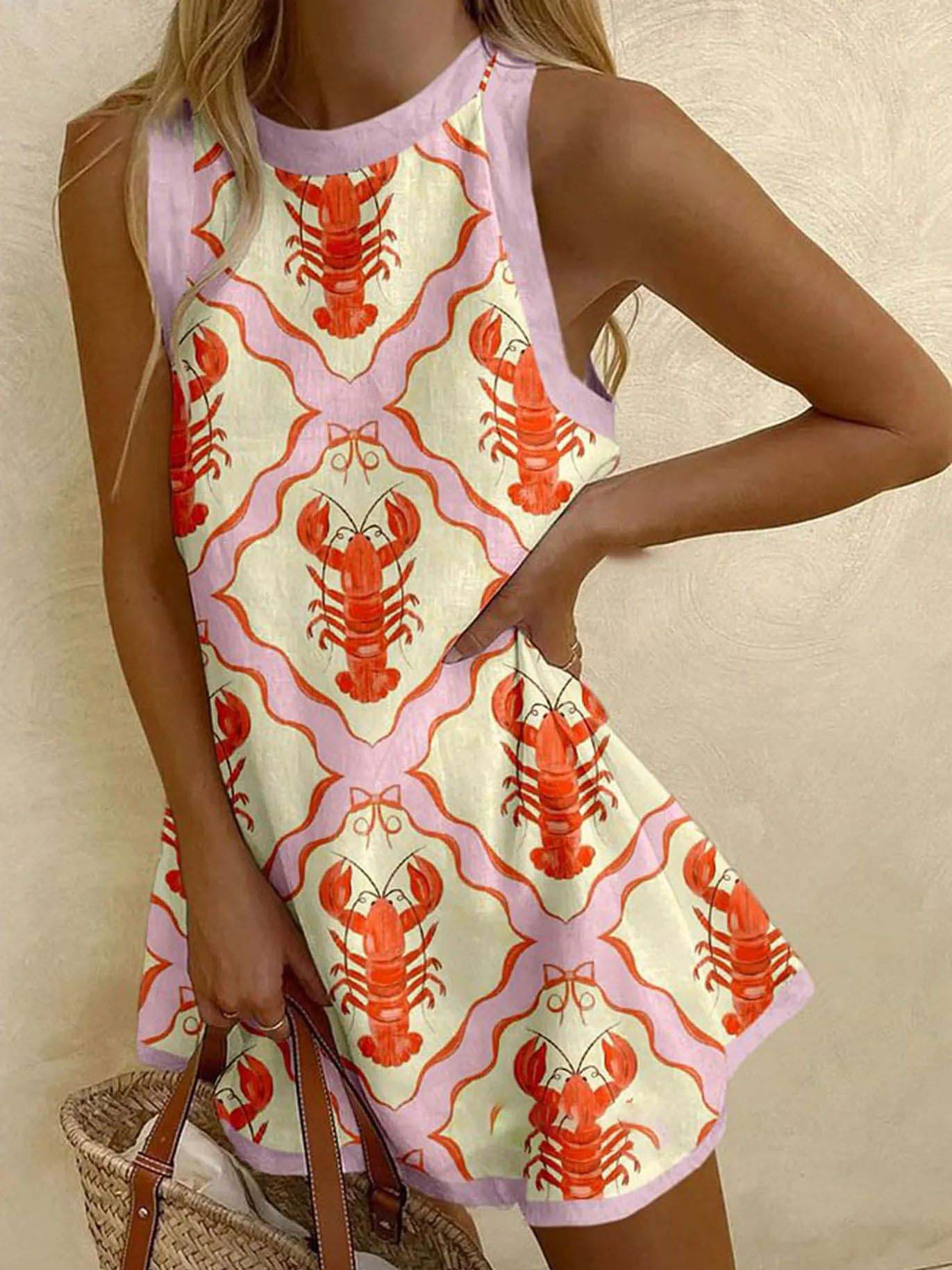 Unique Ocean Lobster Print Mini Dress Pink & Orange