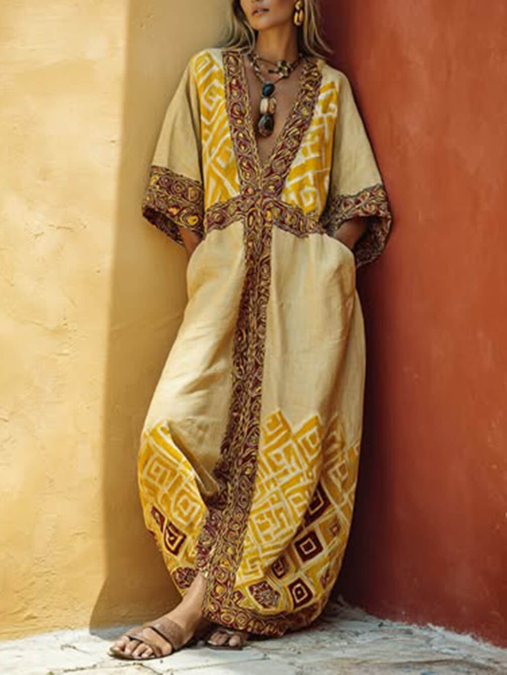 Western Cowboy Cotton-Linen Casual Vacation Maxi Dress Yellow