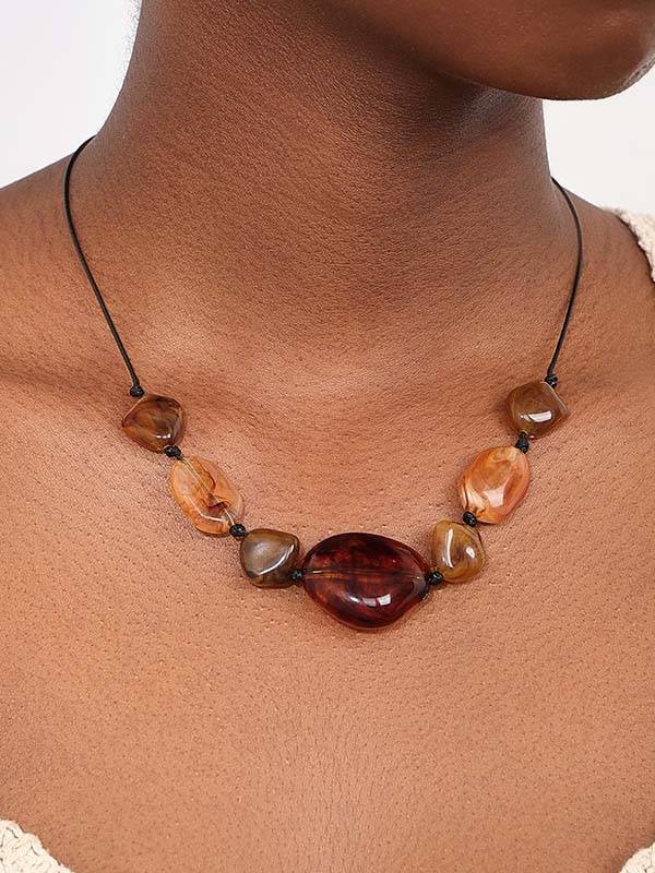 Vacation Style Stone Necklace Brown F