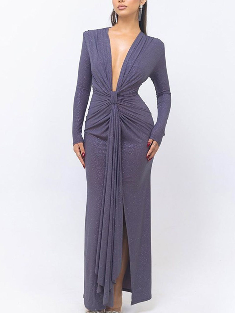 Elegant Deep V-neck Ribbon Slit Tight Maxi Dress Purple