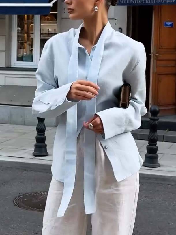 Minimalist Stand-up Collar Ribbon Back Lace-up Shirt and Wide Leg Pants Set-Shirt Blue
