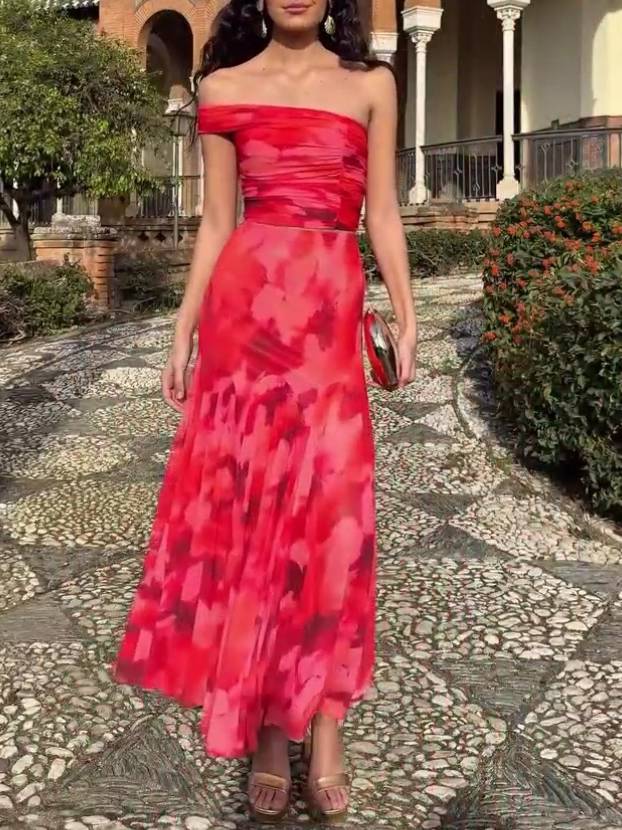 Unique Printed Tube Top And Skirt Two-Piece Set Red