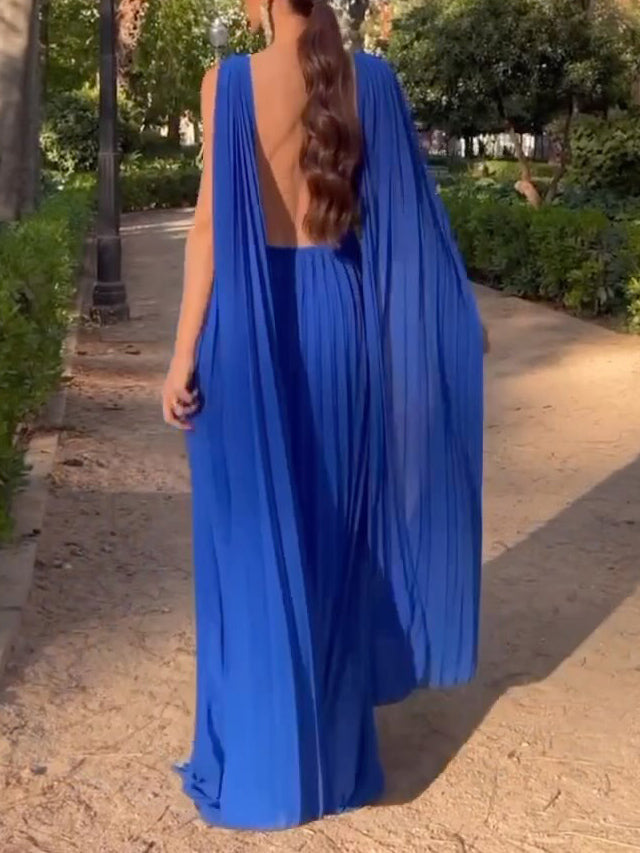 Elegant Open Back Ribbon Pleated Party Maxi Dress Blue