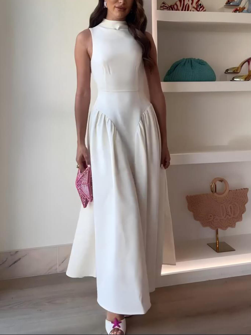 Casual Pleated Slim Low Waist Midi Dress White