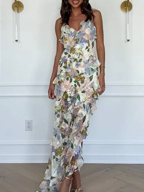 Suspender Printed Ruffle Dress Printed