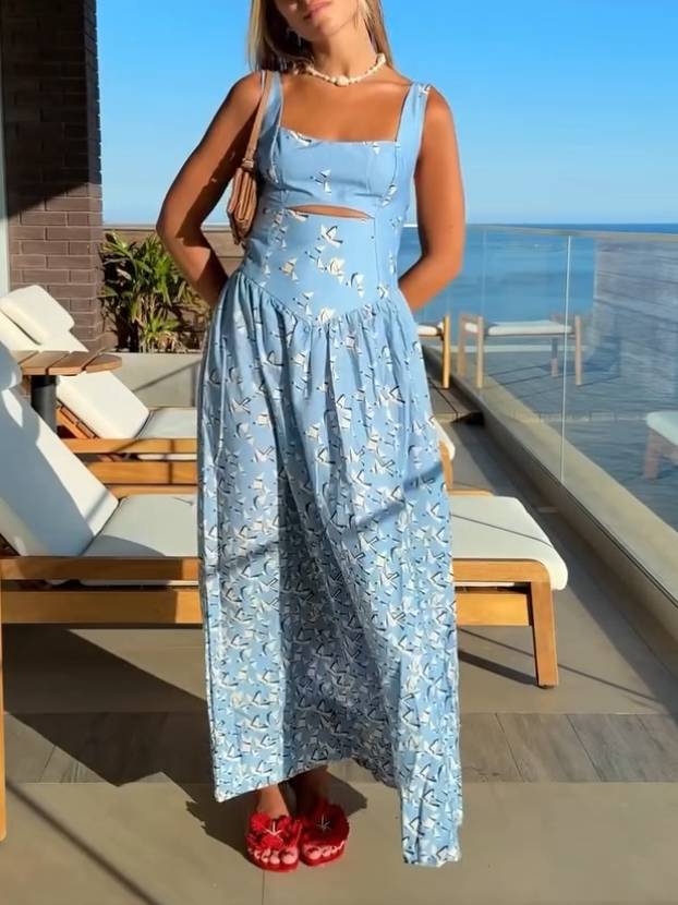 Hollow Design Printed Sling Dress Blue