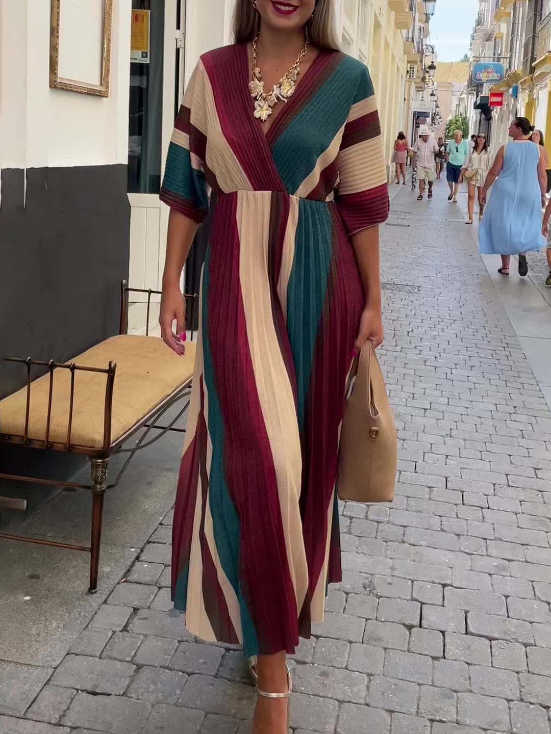 Elegant Irregular Stripe Print Pleated Maxi Dress Red