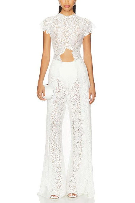Lace Long-sleeved Top And Wide-leg Pants Set£¨Headscarf Not Included£© White