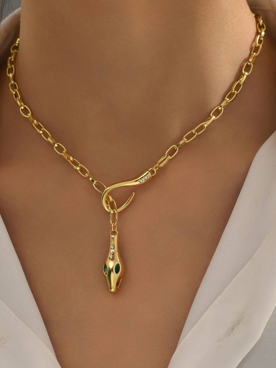 Snakehead Rhinestone Clavicle Necklace Gold F