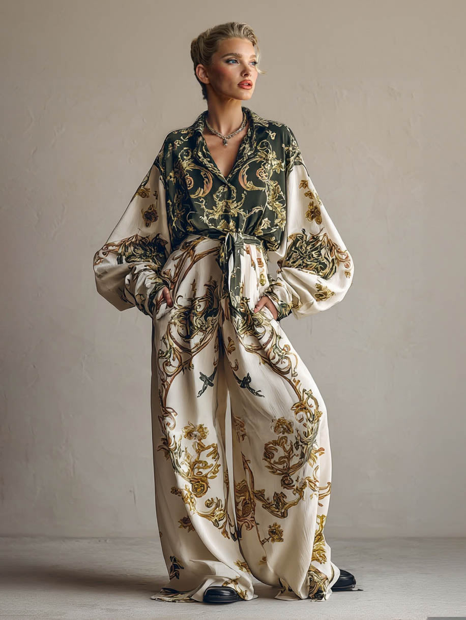 Retro Baroque Floral Print Shirt Two-Piece Set Multi Set