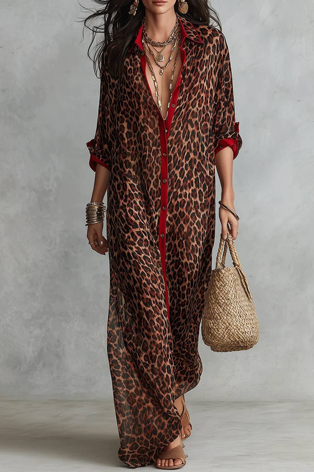 Vintage Leopard Print Contrast Shirt Long Dress