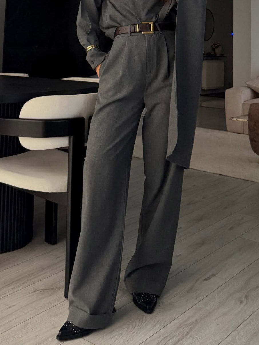 Elegant Draped Shawl Shirt & Wide-Leg Pants Two-Piece Set Grey Pants