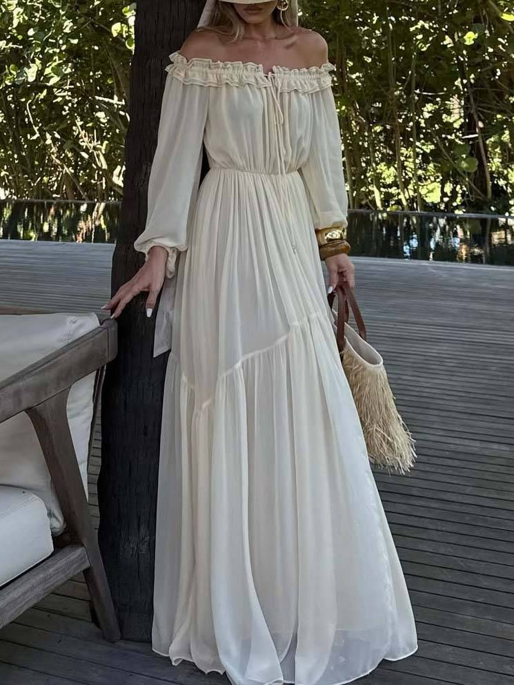 Vacation Style Off-shoulder Lace-up Long Sleeve Maxi Dress Apricot