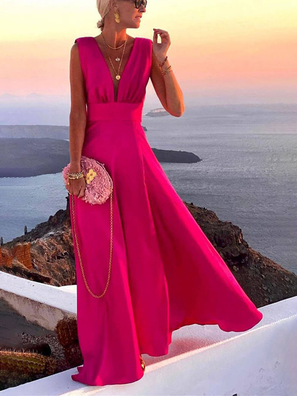 Elegant Novel Romance V Neck Maxi Party Dress Rose Red