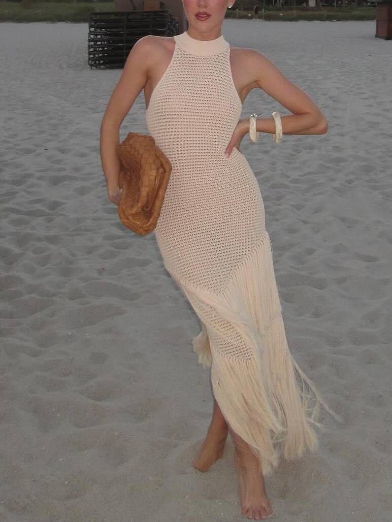 Knitted Tassel Hem Dress Apricot