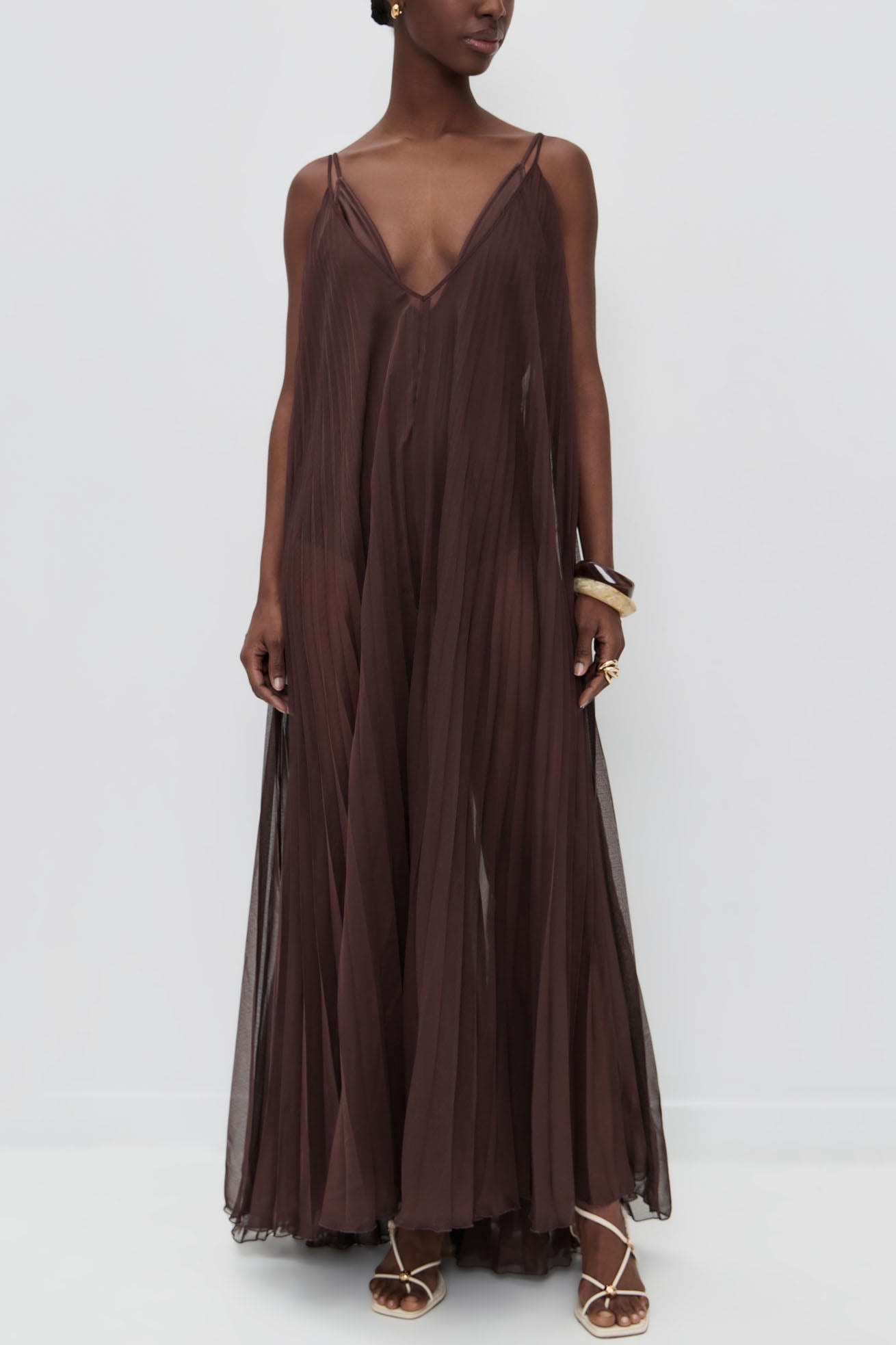 Loose Pleated Strap Maxi Dress Brown