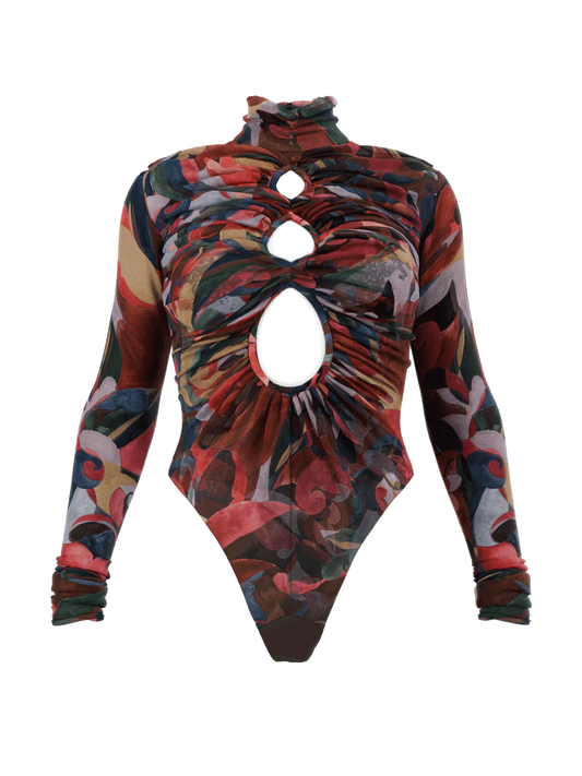 Elegant High-neck Cutout Abstract Print Bodysuit