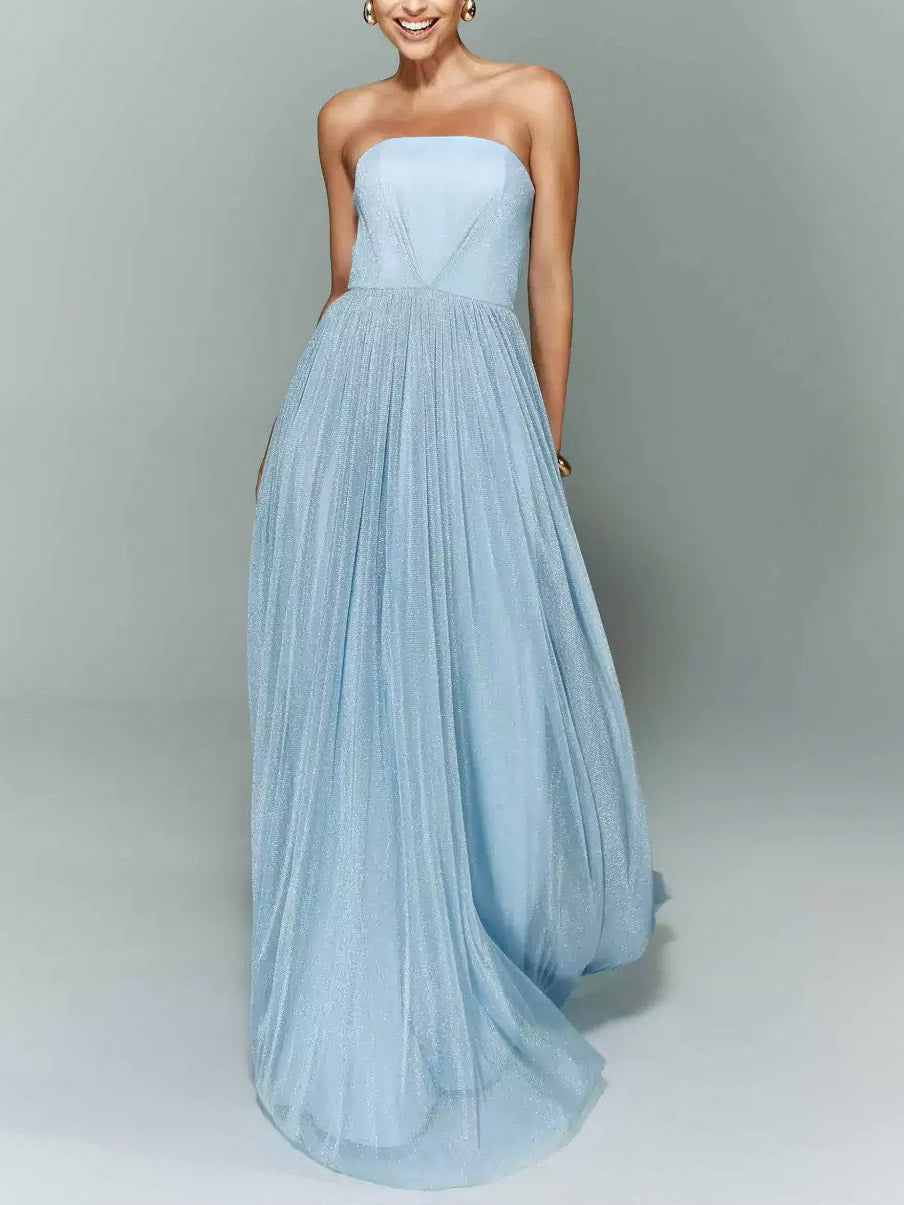 Elegant Strapless Tulle Evening Maxi Dress Blue