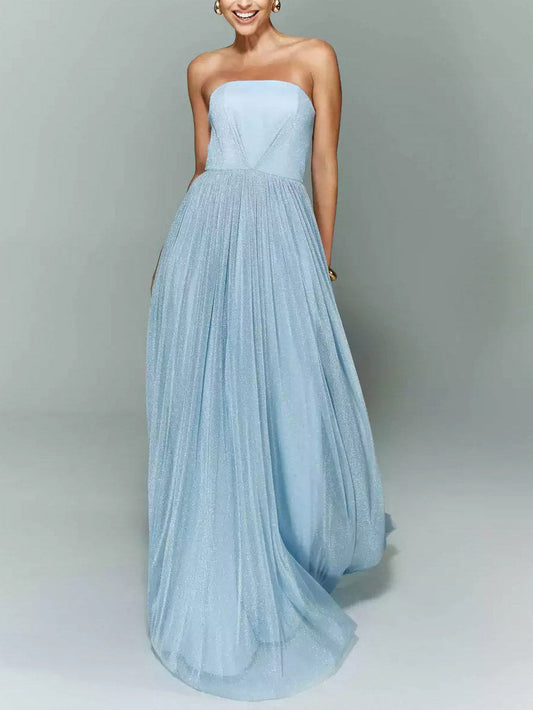 Elegant Strapless Tulle Evening Maxi Dress Blue