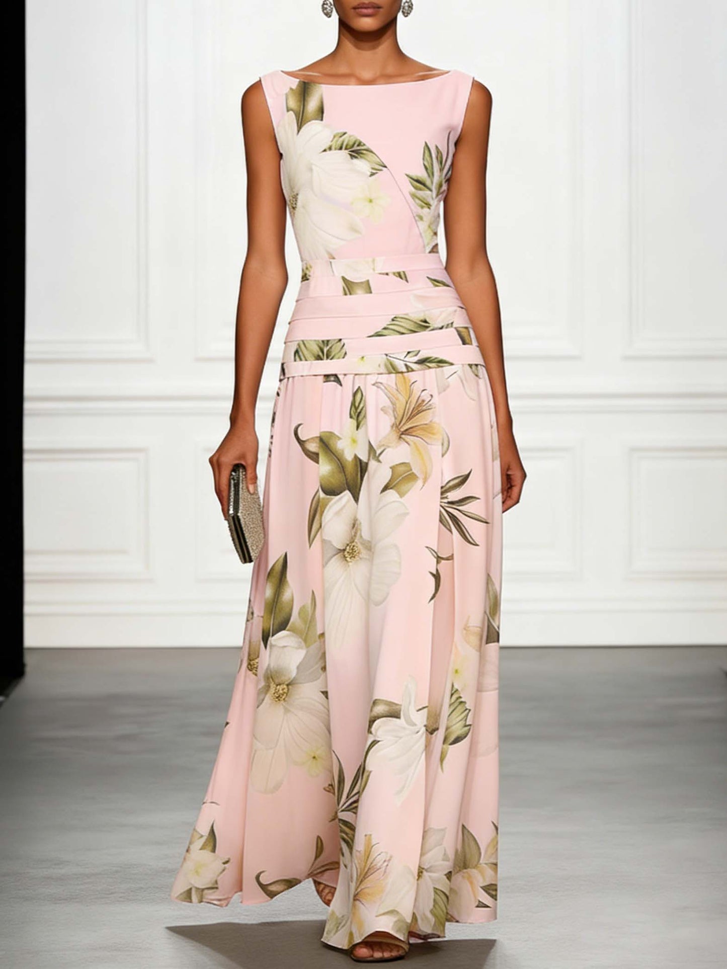 Fresh Sleeveless Boat Neck Printed Party Maxi Dress Pink