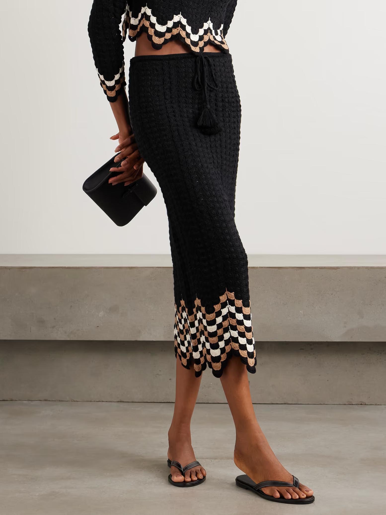 Exquisite Crochet Scalloped Midi Skirt Black
