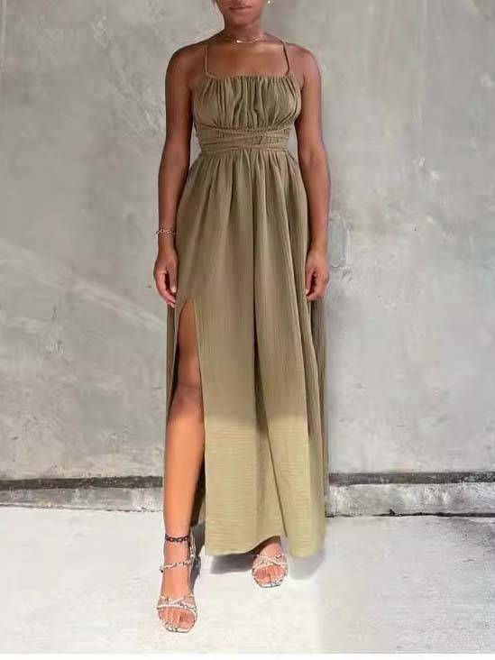 Tube Top Lace Up Side Slit Dress Khaki Green