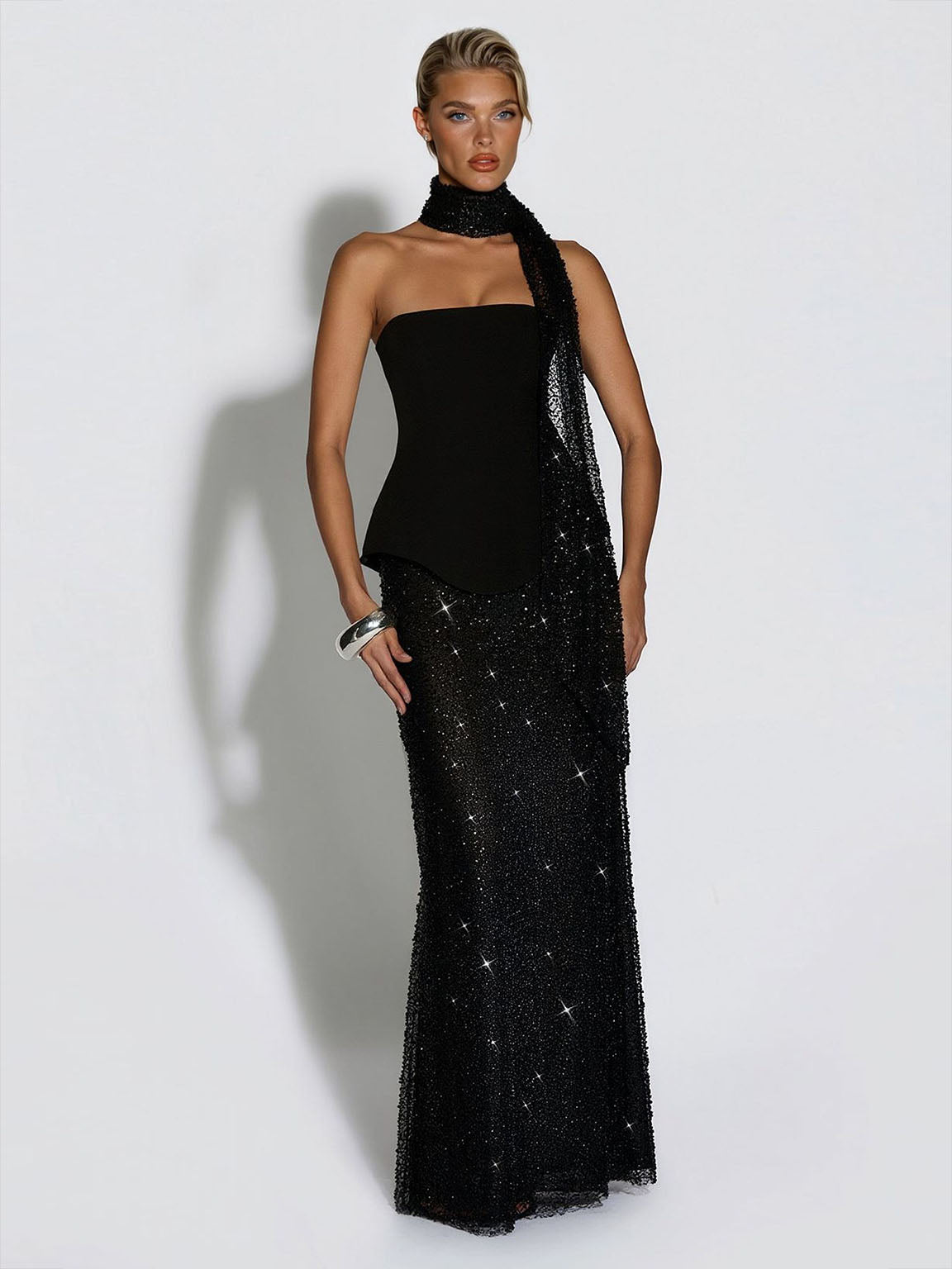 Elegant Strapless Sequin Skirt And Shawl Two-Piece Set Black