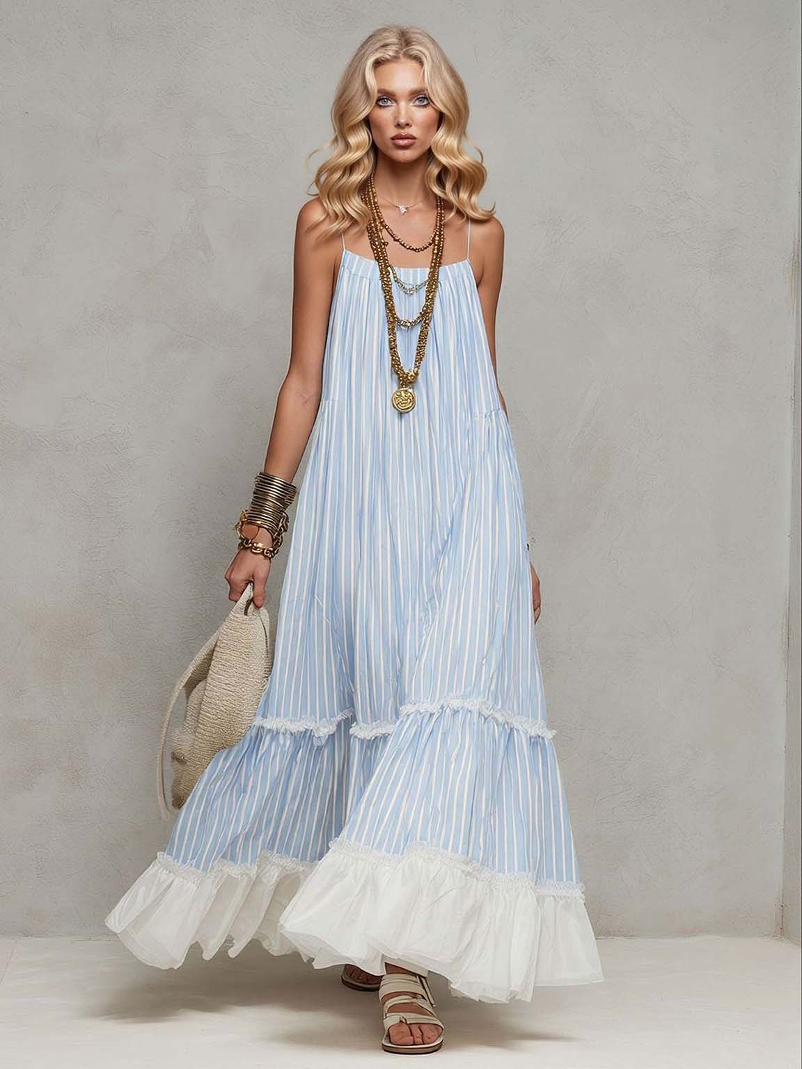 Casual Striped Spaghetti Strap Ruffle Tiered Maxi Dress Light Blue