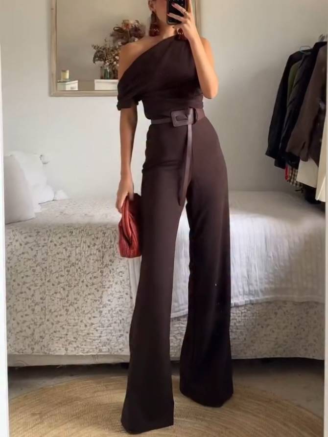 Off-shoulder Jumpsuit Brown