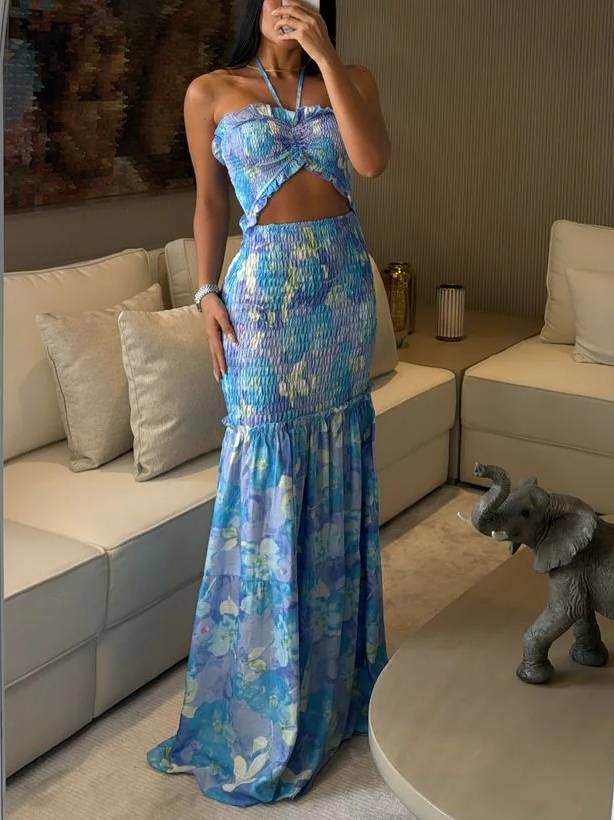 Halter Neck Tube Top Printed Dress Blue Purple