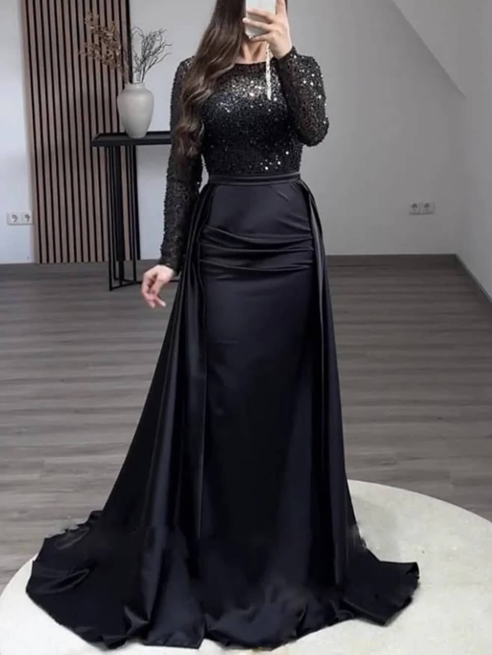 Exquisite Black Sparkling Rhinestone Sheer Tulle Sleeve Party Maxi Dress Black