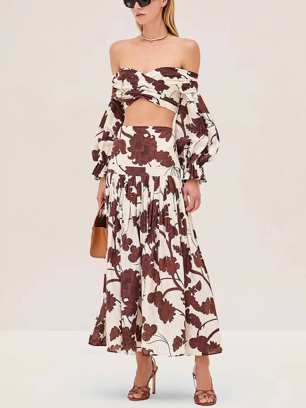 Printed Off-shoulder Top And Skirt Suit Printed