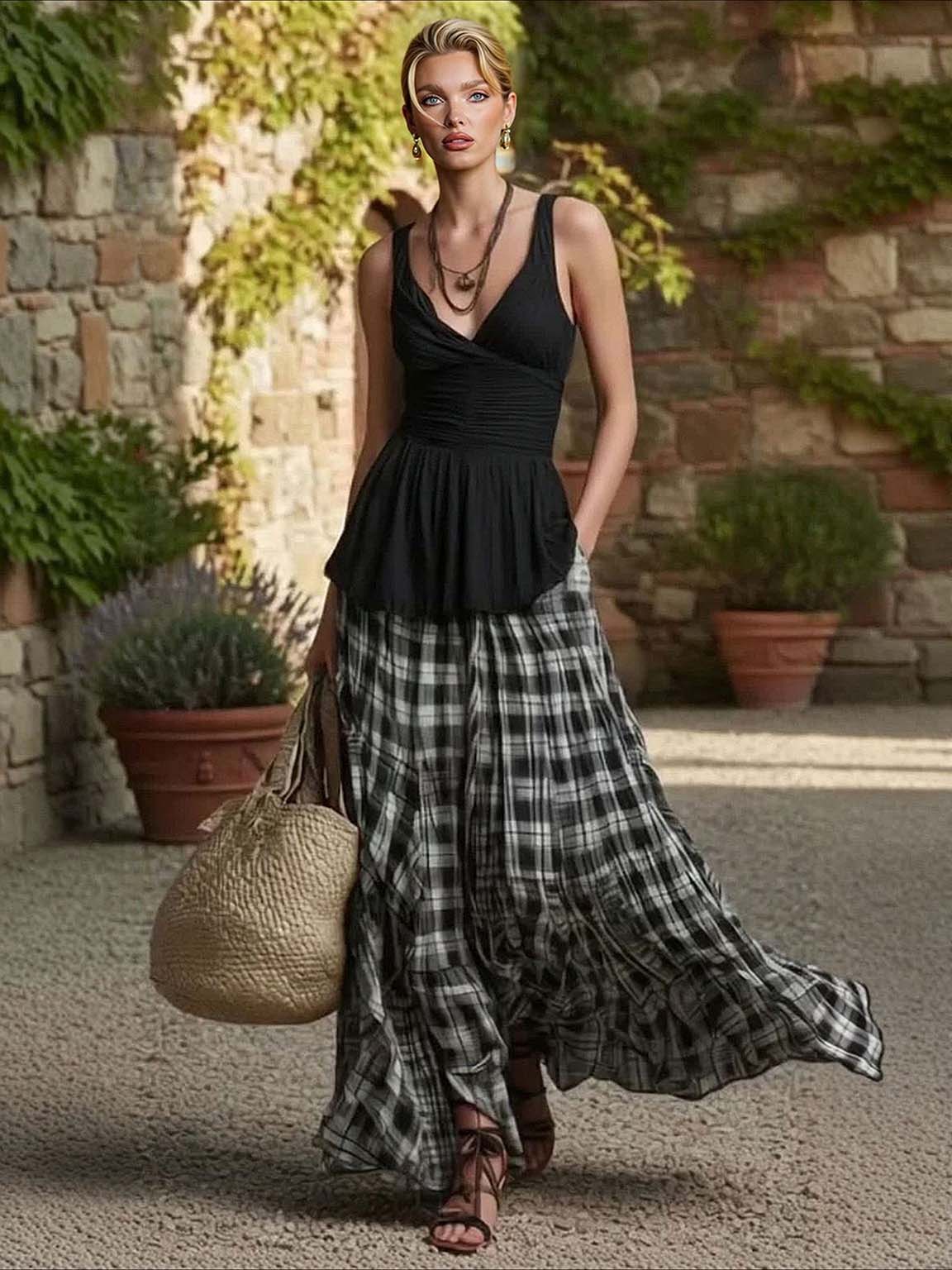 Casual Plaid Tank Top & Skirt Two-piece Set Black