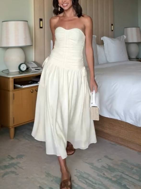 Tube Top Pleated Midi Dress White