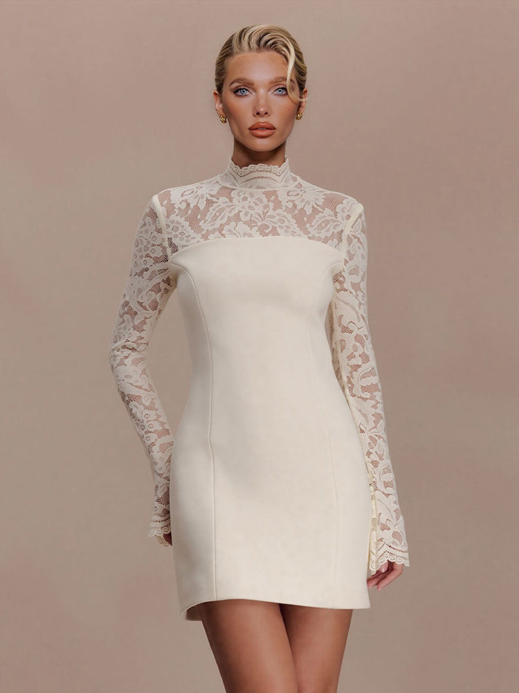 Elegant Sheer Lace High-Neck Mini Dress White