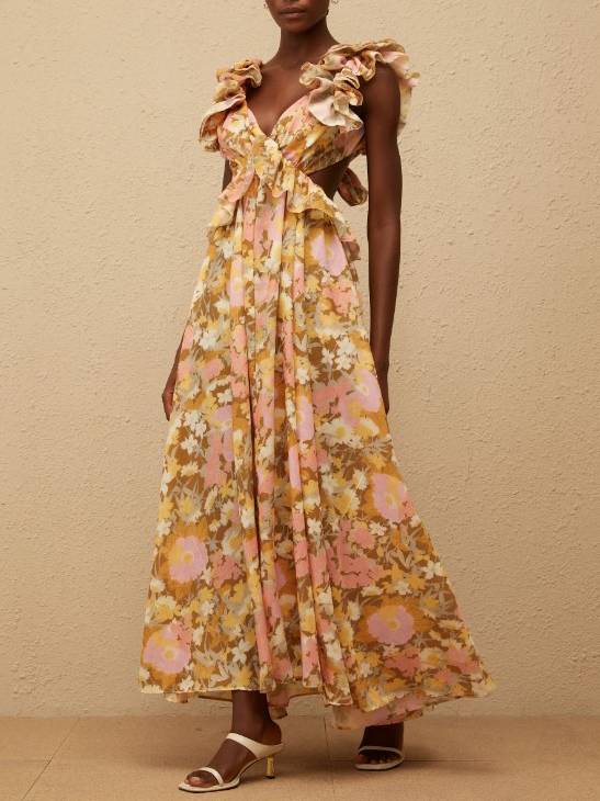 Floral Print Cross Backless Maxi Dress Printed