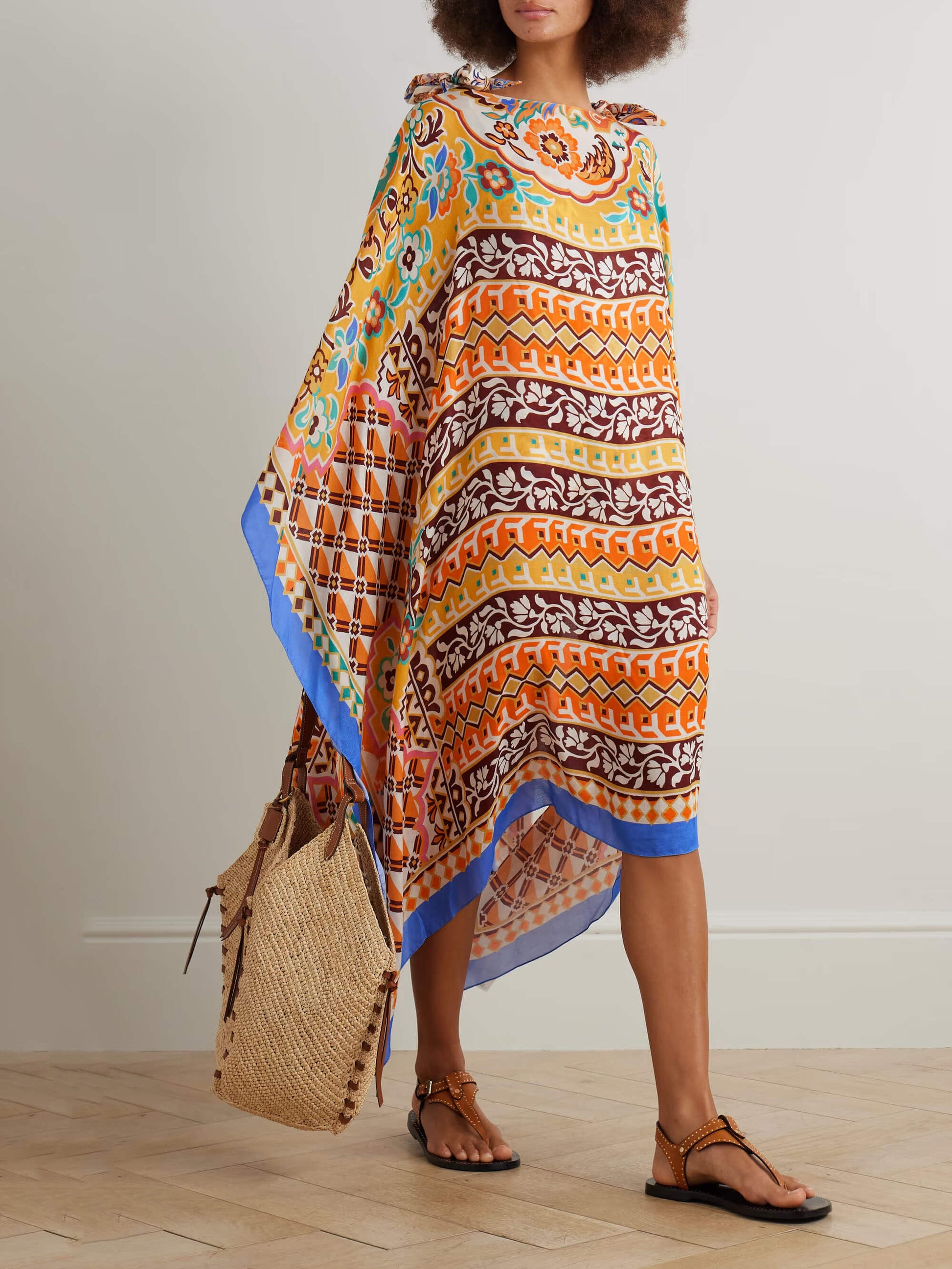 Unique Asymmetric Printed Satin Midi Dress Orange One Size