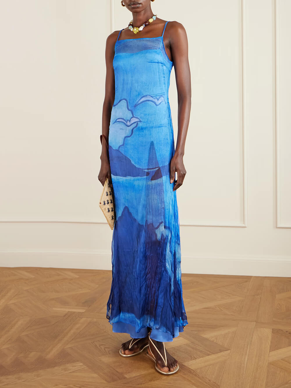 Retro Pleated Print Chiffon Slip Maxi Dress Blue