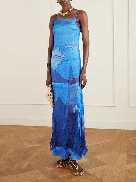 Retro Pleated Print Chiffon Slip Maxi Dress Blue