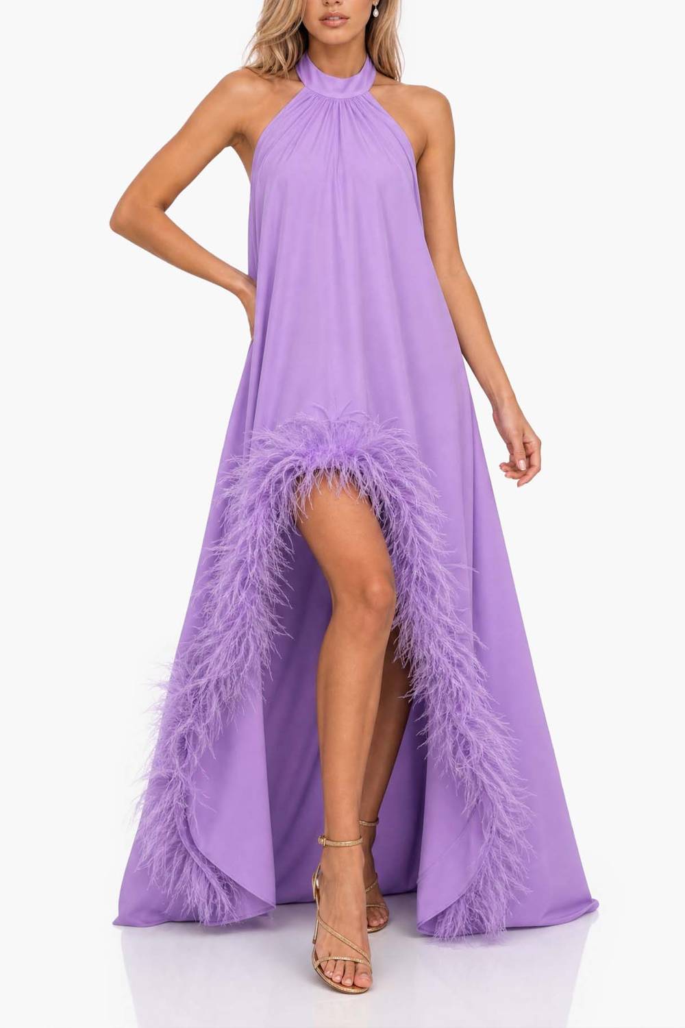 Halter-neck Feather-trimmed High-slit Long Evening Gown Purple
