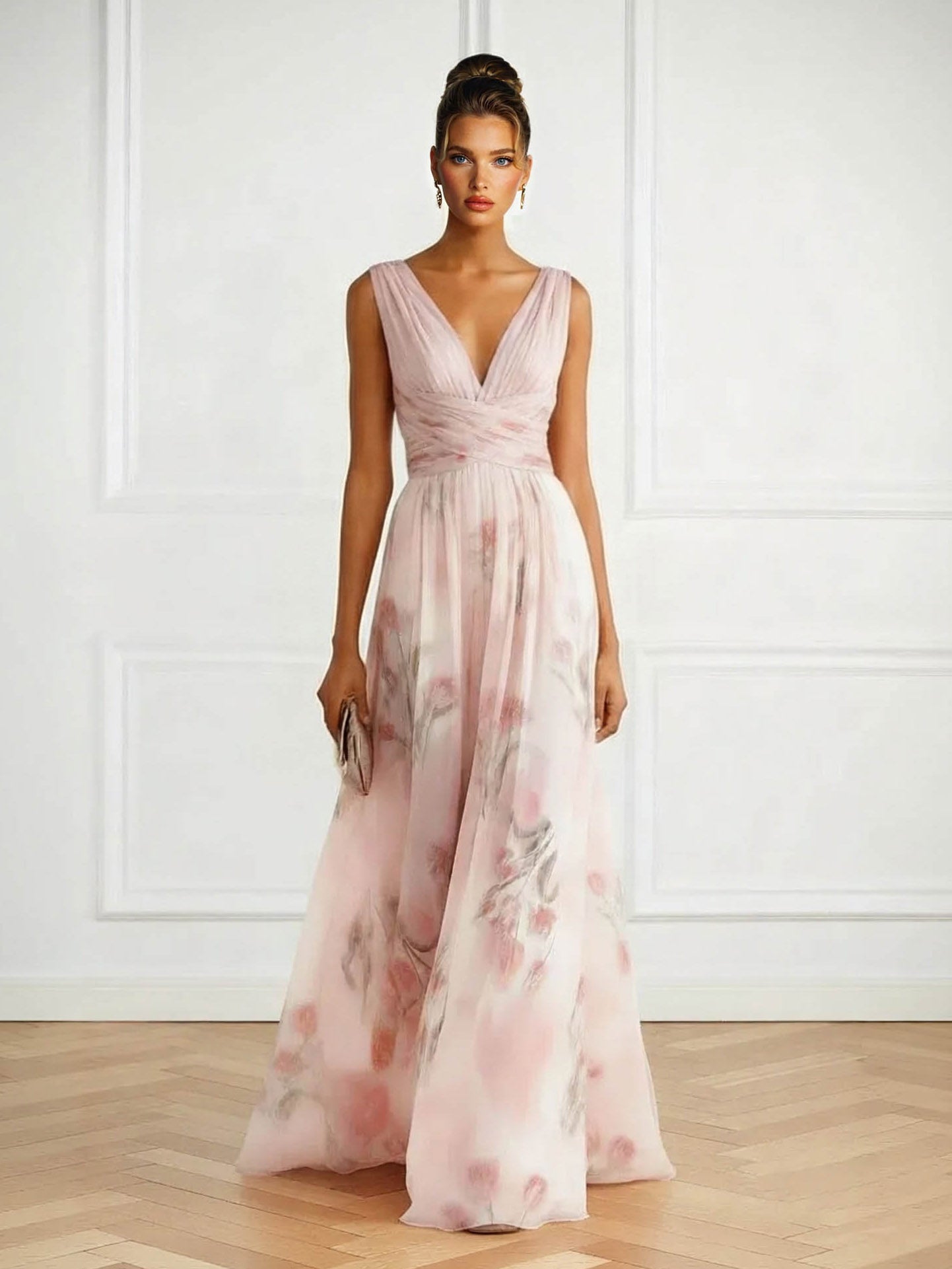 Elegant V-Neck Floral Print Tulle Maxi Dress Pink