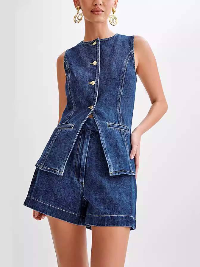 Minimalist Old Money Style Denim Vest And Shorts Suit Blue