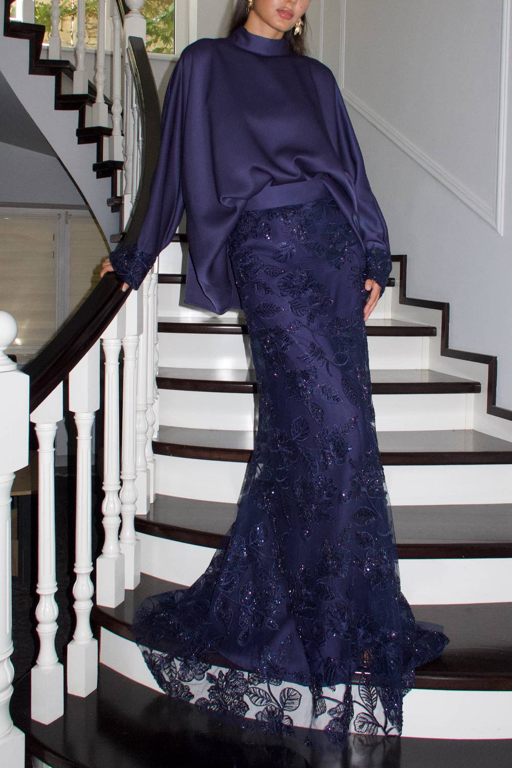 Batwing Satin Blouse & Embroidered Sequin Maxi Skirt Two Piece Set