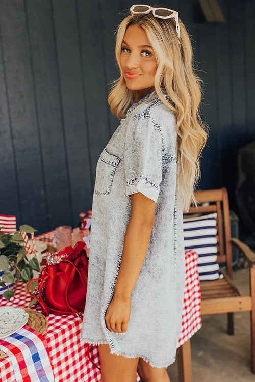 Festival Feelin' Light Wash Short Sleeve Denim Dress - 4 Colors