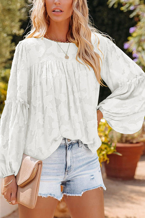 Mind On Sunshine Floral Jacquard Long Sleeve Top - 5 Colors White