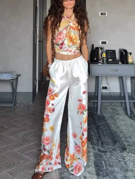 Vacation Style Floral Print Scarf Top And Wide Leg Pants Set-Top